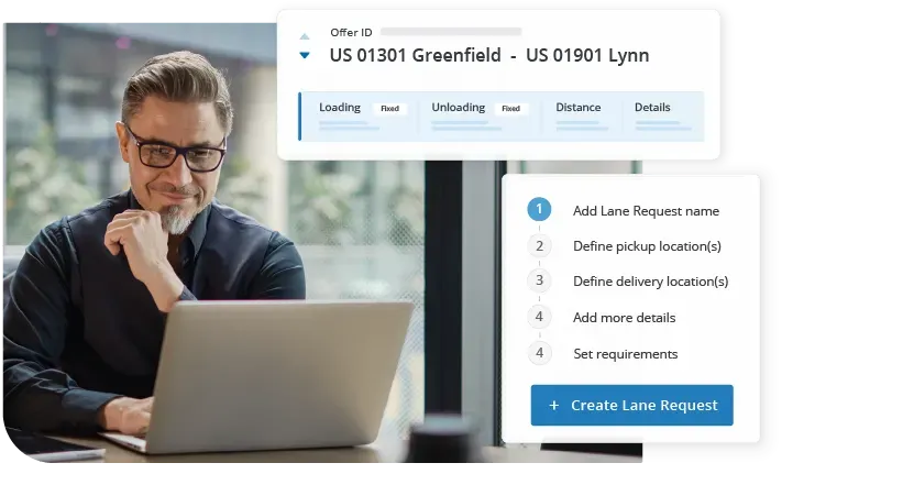 A professional in glasses using a laptop with overlays showing a freight offer ID from Greenfield to Lynn and a 'Create Lane Request' workflow.