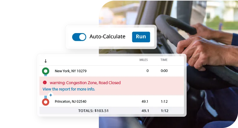 Close-up of hands on a truck steering wheel with a software overlay showing a route from New York to Princeton with a 'Congestion Zone' warning.