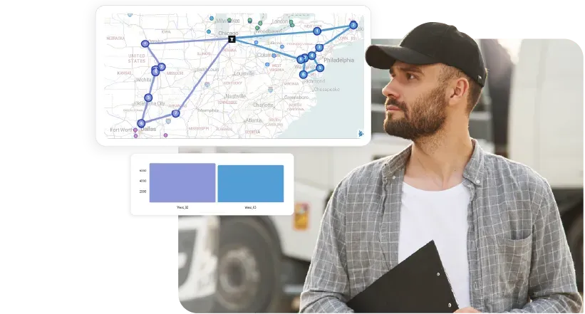 Logistics professional in a cap holding a clipboard, overlaid with a digital map showing a delivery route across the Eastern US and a bar chart.