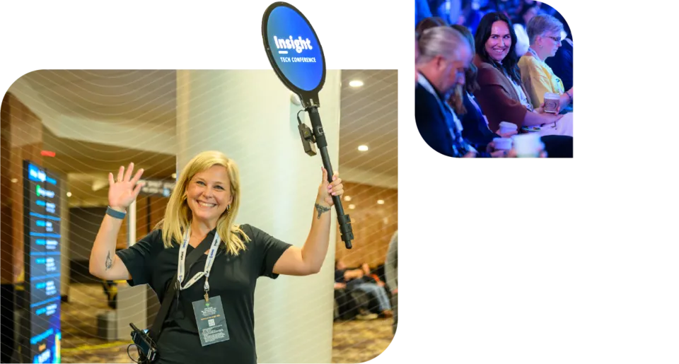A woman waving while holding an "Insight Tech Conference" sign, alongside an inset view of conference attendees.