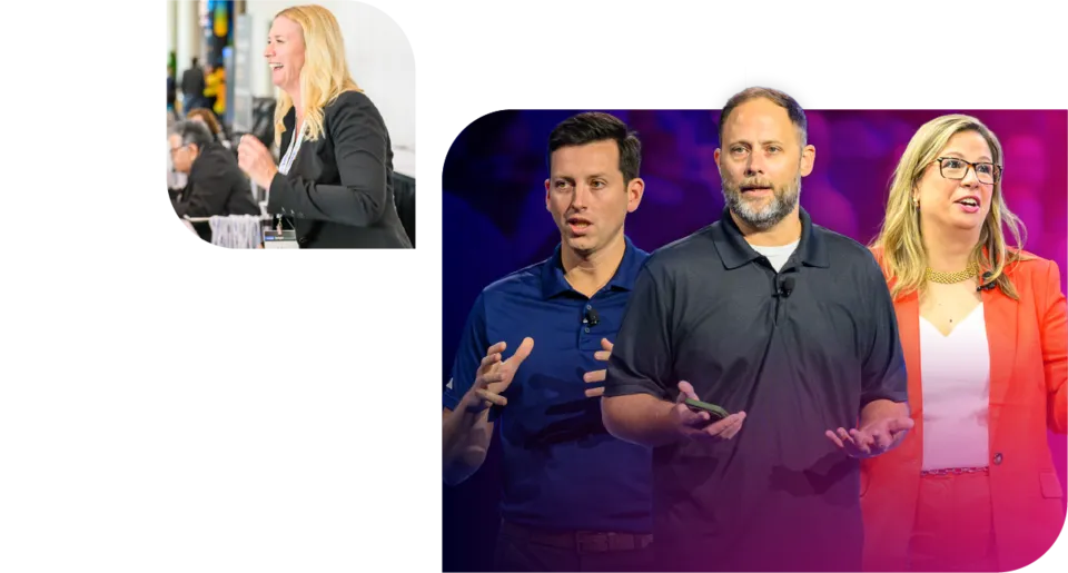 Composite graphic of a professional event featuring a woman laughing at a conference and three keynote speakers presenting on stage.