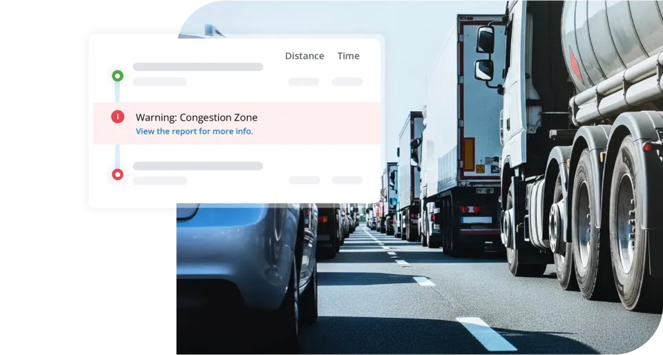 Trucking fleet traveling on highway with congestion zone warning panel, displaying distance and time to destination