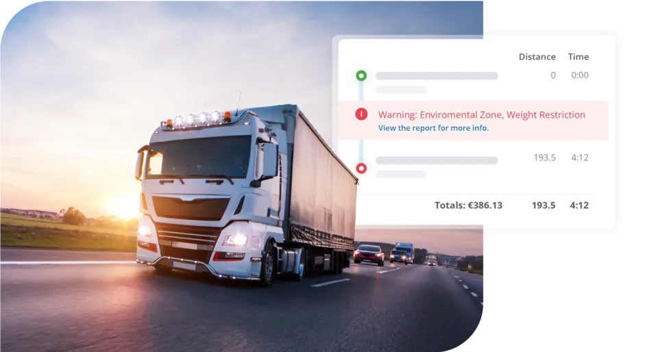 Truck route report with environmental zone and weight restriction warnings in PC*Miler Worldwide