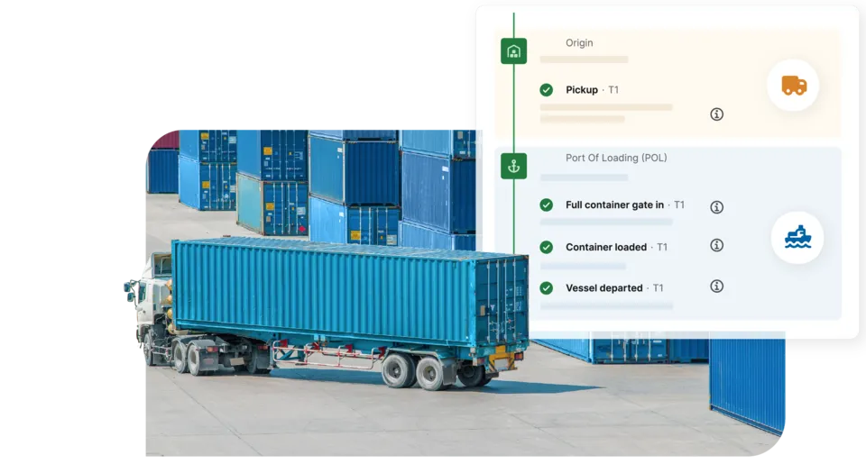 Ocean freight visibility platform showing container shipment milestones from pickup to vessel departure