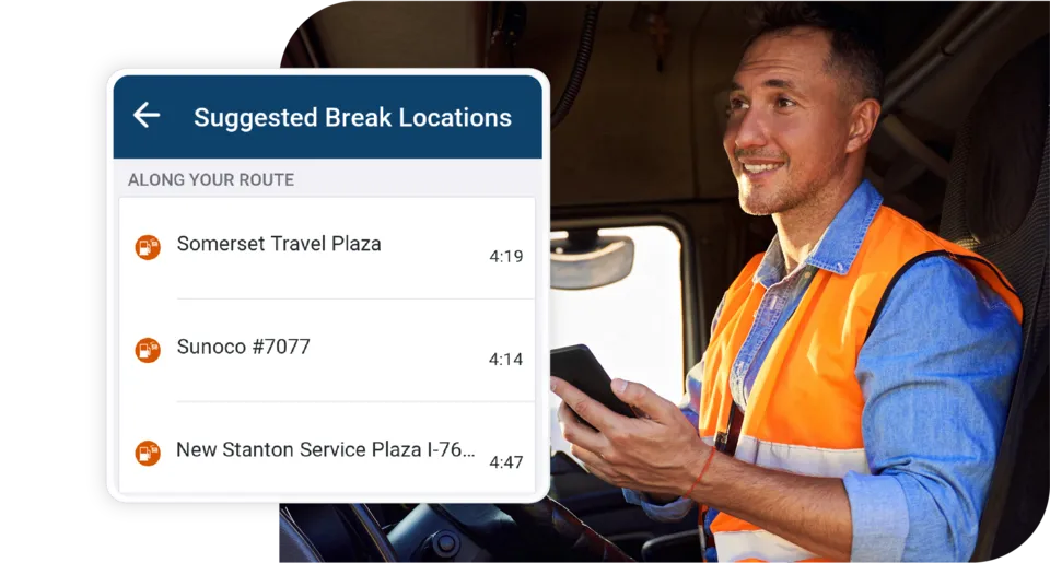 PC*Miler suggested break locations for truck drivers along a planned freight route