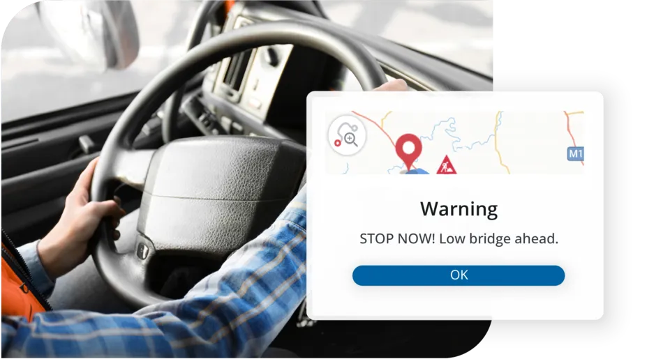 PC*Miler truck navigation warning showing low bridge ahead for safer commercial vehicle routing